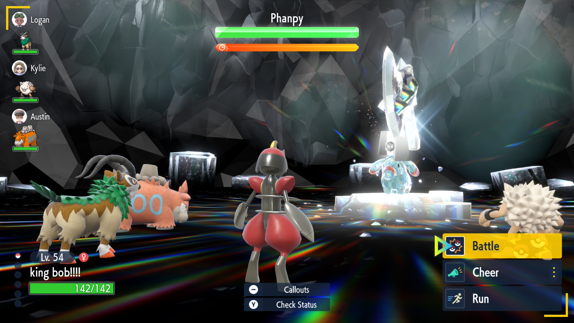 A screenshot of one of my kids playing a Tera Raid (I think?) in Pokemon Violet. He is using king bob!!!! the Kingambit.