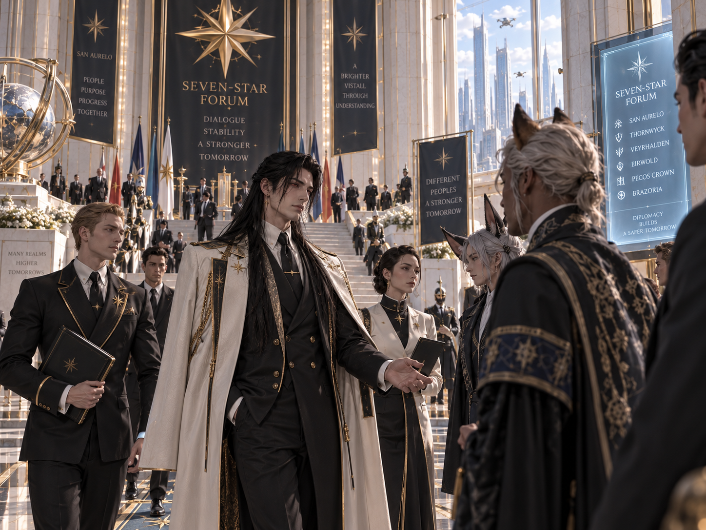 A San Aurelan delegate receiving foreign officials inside the Seven-Star Forum.