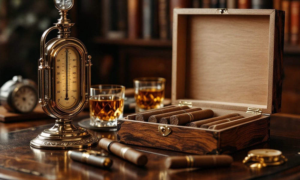 Accessoires de dégustation cigare disposés sur un bureau en acajou avec hygromètre et coupe-cigare