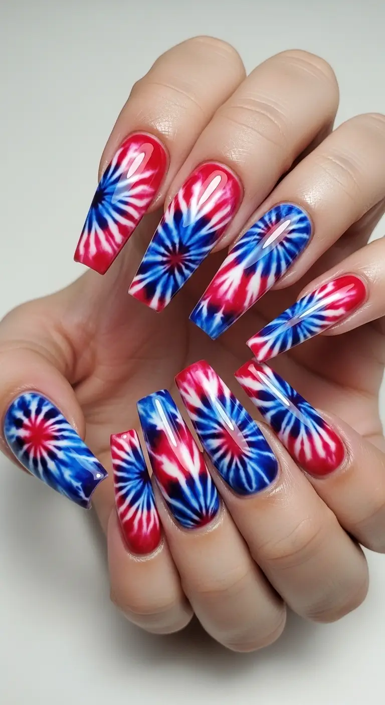 Red White Blue Tie-Dye Marble Coffin Nails