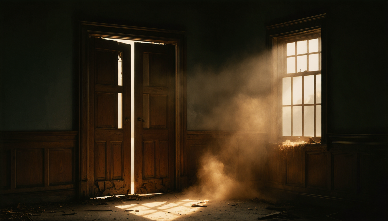 A dim interior at dawn, a splintered doorway with light pouring through, dust suspended in the air, the room conspicuously empty of anyone.