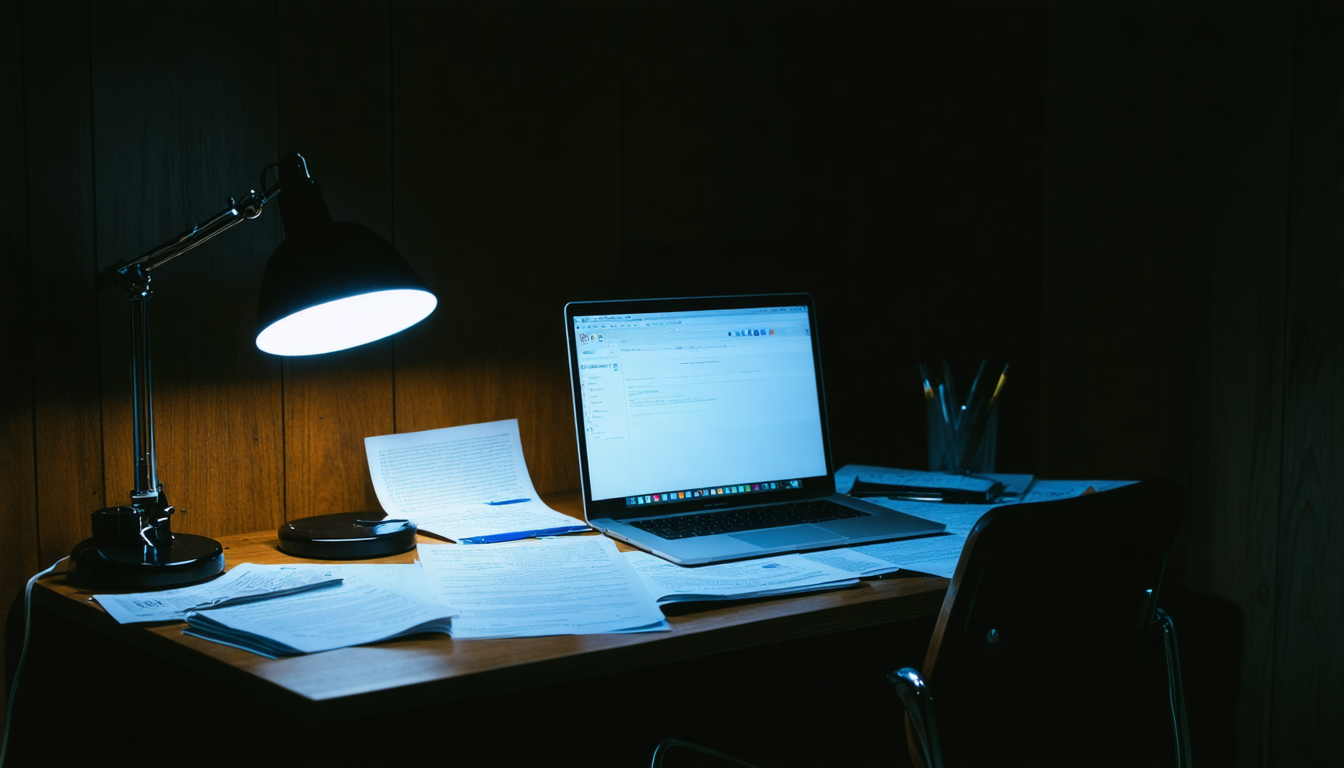 A dim wood-panelled room at night with an open laptop glowing on a desk, papers scattered nearby, empty chair.
