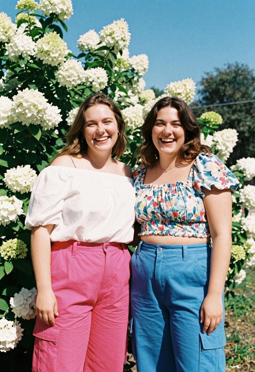 Two friends in magenta and cobalt blue cargo pants spring garden joyful utility trend