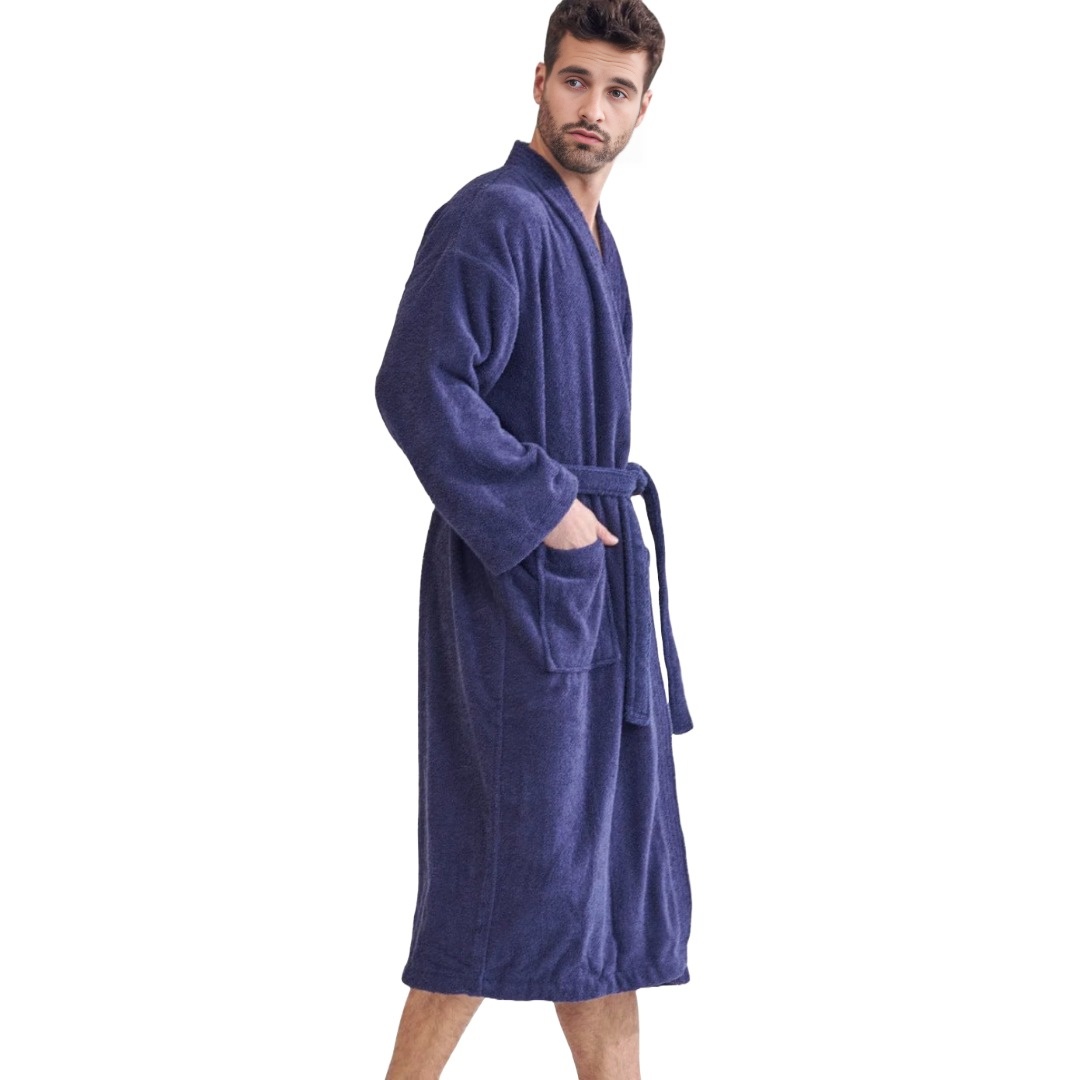 Unisex Men's Terry Cotton Dark Blue-Navy-Bathrobe (One Size) view 5