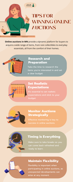 To win online auctions in MN, set a budget and stick to it. Research items thoroughly, including their market value and condition. Place bids strategically, waiting until the final moments to avoid bidding wars. Use bid increments wisely and consider sniping tools for precise timing. Stay disciplined, avoiding emotional impulse bidding. To know more visit here https://www.auctionmasters.com/