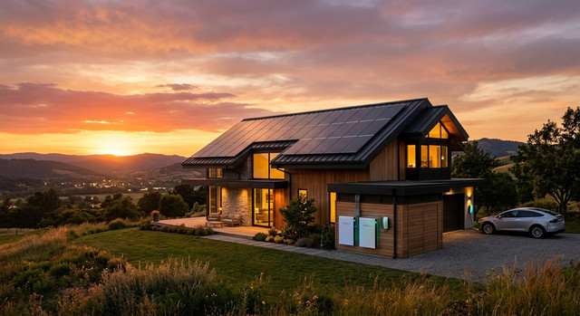 Casa moderna con pannelli solari e sistema di accumulo energetico