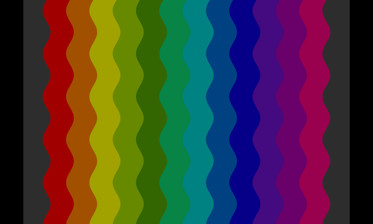 A flag with sixteen vertical stripes. From left to right, they are black, grey, red, muted orange, muted yellow, muted lime, muted green, sea green, muted cyan, blue, indigo, cool purple, warm purple, fuchsia, grey, and black. The colored stripes are all wavy.