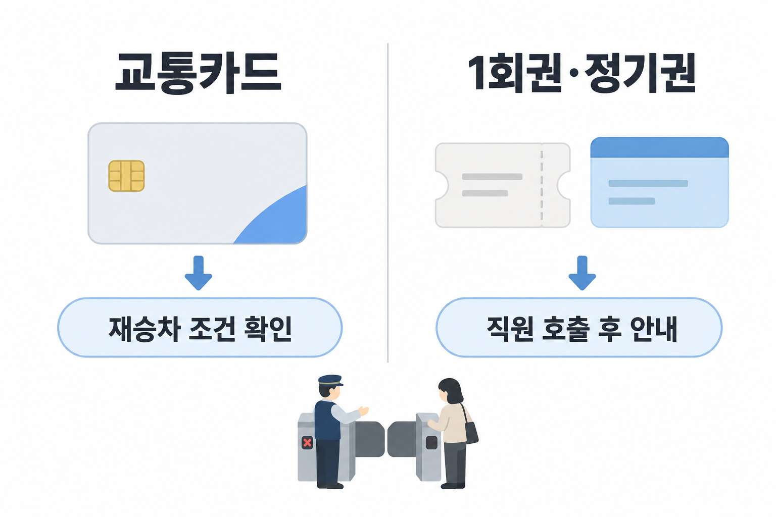 코레일 교통카드의 재승차 조건 확인과 1회권·정기권의 직원 호출 안내를 나눈 도해