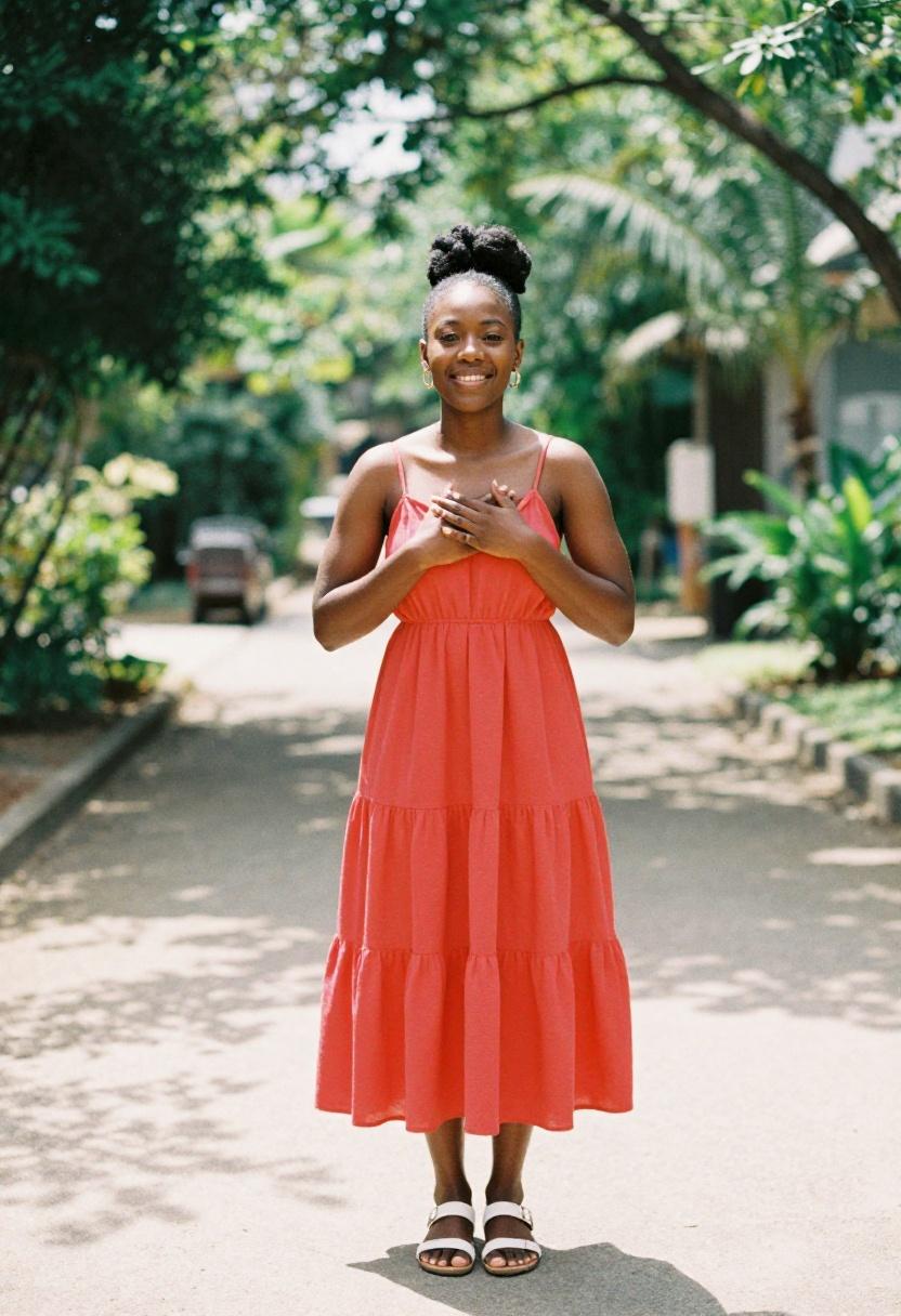 Vibrant coral sundress worn with gold hoop earrings and white sandals on a garden path