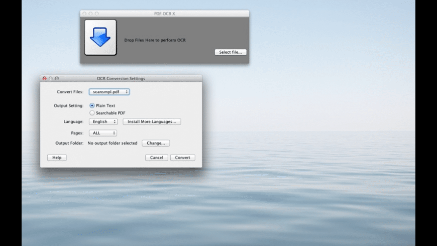 PDF OCR X Mac — drag-and-drop window converting a scanned PDF into searchable text