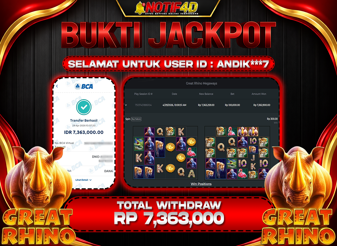 BUKTI JACKPOT -  Game Pragamtic play Great Rhino Megaways  Rp.7.363.000- LUNAS