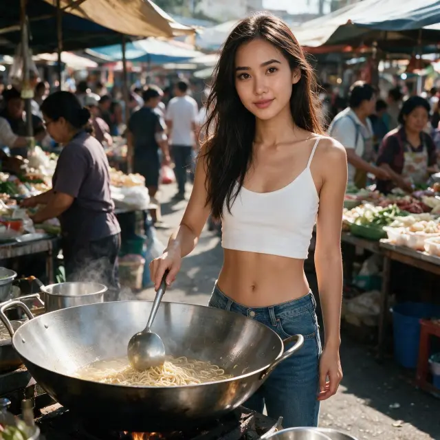 A girl with messy hair, wearing a white crop-top with thin straps, braless, low-riding jeans, exposed midriff, cooking noodles in a huge metal wok on an outdoor stove, holding a cooking utensil, smiling softly, standing in a crowded outdoor market with other vendors all around.