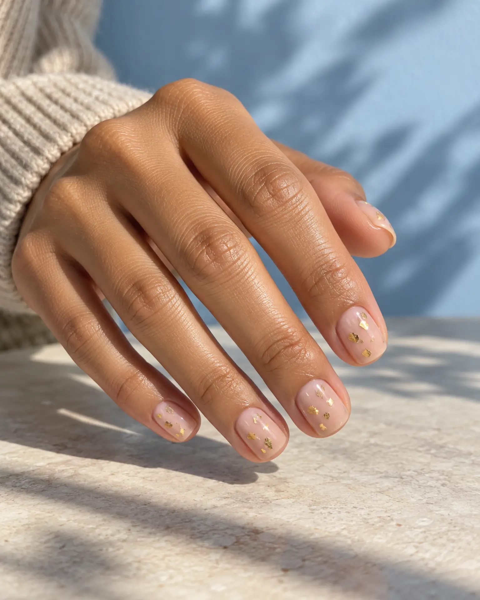 Short Minimalist Foil-Flake Accent manicure inspiration for short minimalist nail ideas