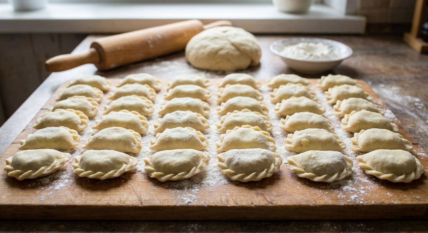 Swiezo ulepione pierogi na stolnicy.