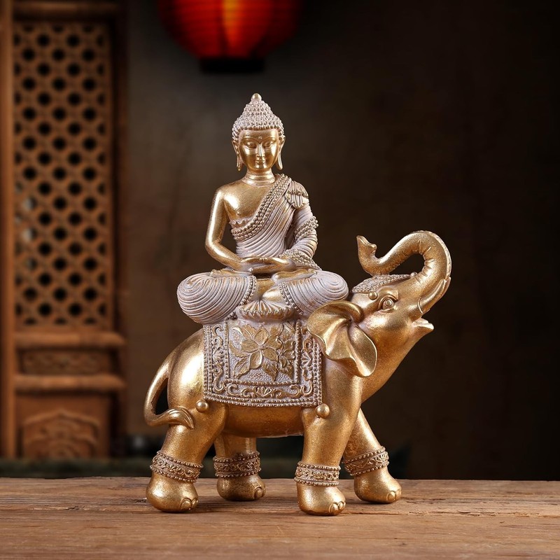 Golden Buddha on Elephant Statue - Serenity & Prosperity