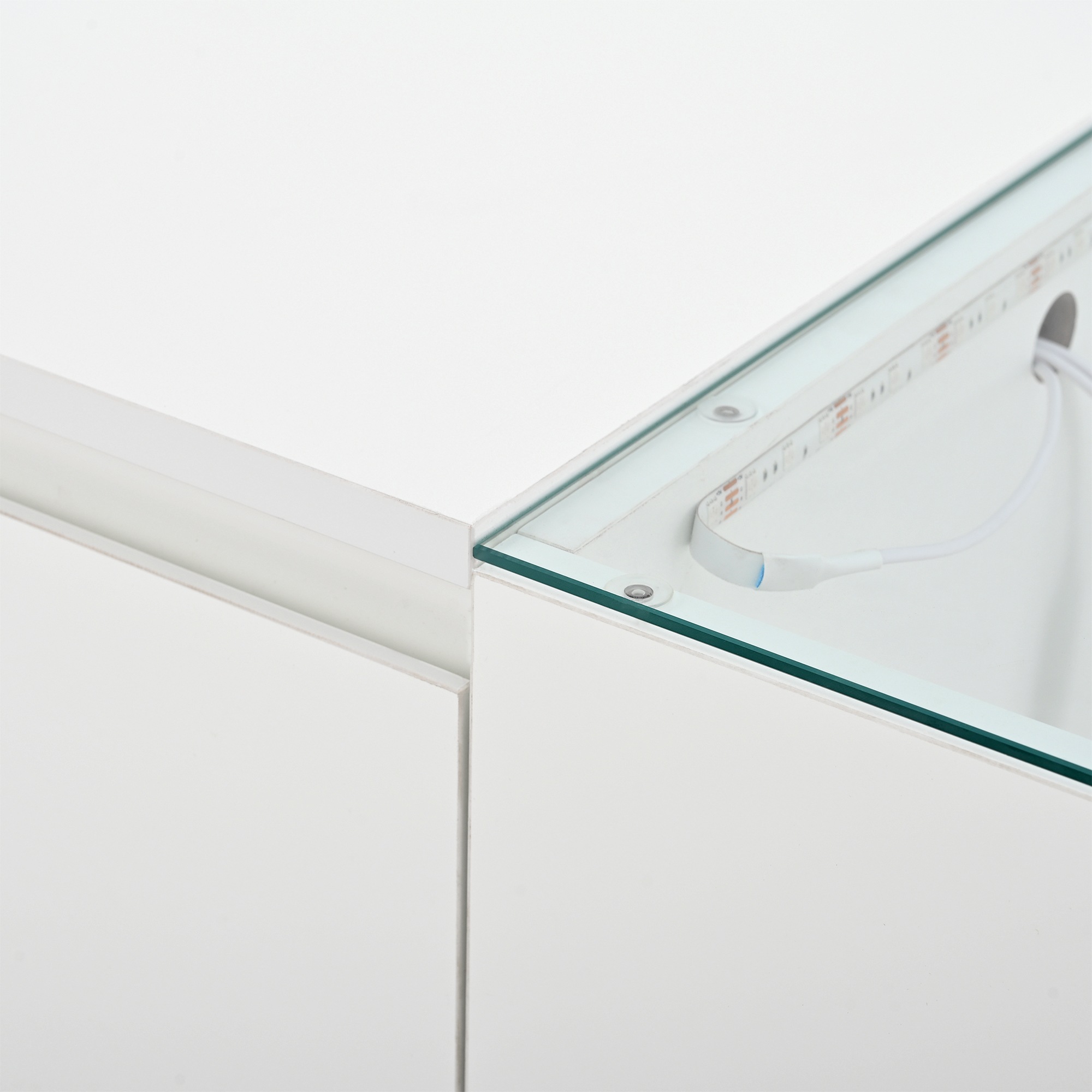 Table Basse Blanc, 2 Tiroirs, Rangement, Éclairage LED, Gestion des Câbles, Portes Vitrées, Design Moderne - 105x50x35cm - Salon 1