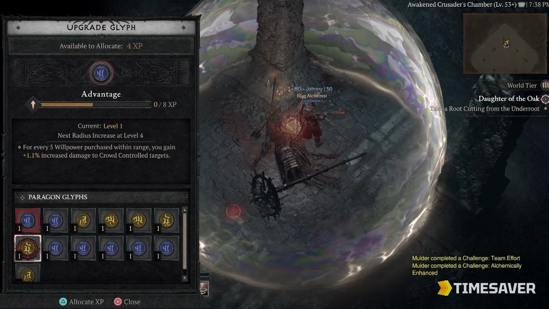 The Upgrade Glyph screen in Diablo 4, showing a Paragon Glyph being leveled with XP earned from a Pit clear