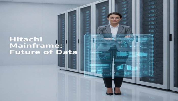 Hitachi Mainframe: Future of Data A confident IT professional in a modern data center, standing amidst sleek Hitachi Vantara VSP 5000 storage racks with glowing indicators. A transparent holographic interface displays complex data flow and mainframe architecture, illustrating advanced enterprise storage management. The image conveys cutting-edge technology and future trends in IT infrastructure, with the title 'Hitachi Mainframe: Future of Data' clearly visible.