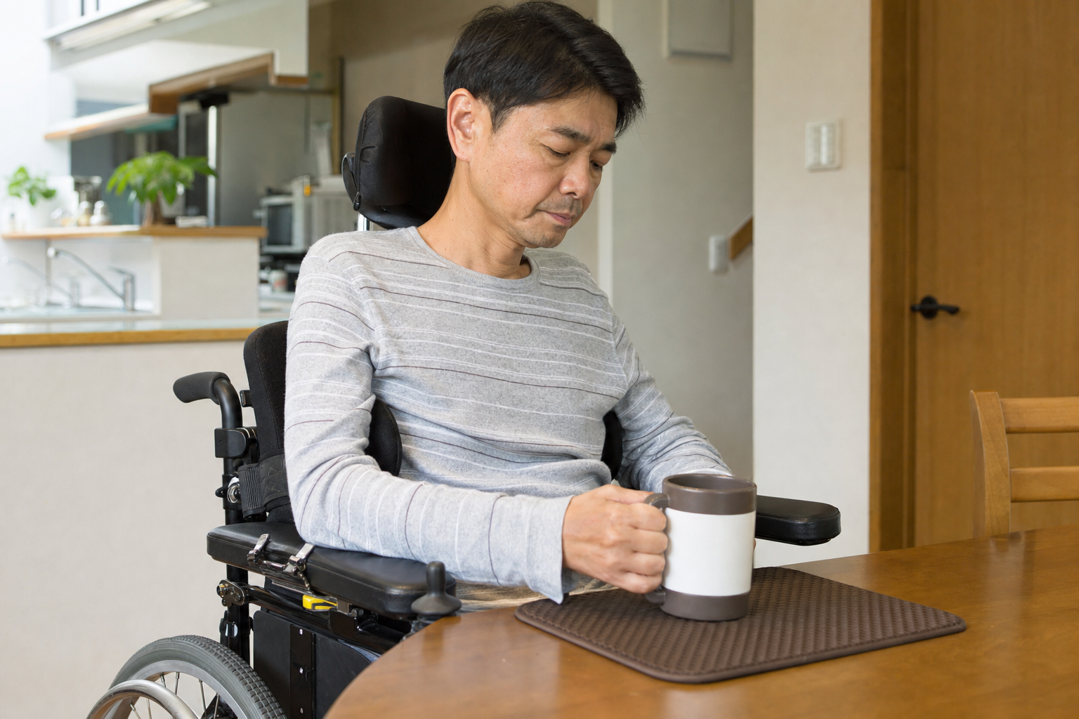 頸髄損傷後に車いすで自助具付きのカップ操作を練習する場面