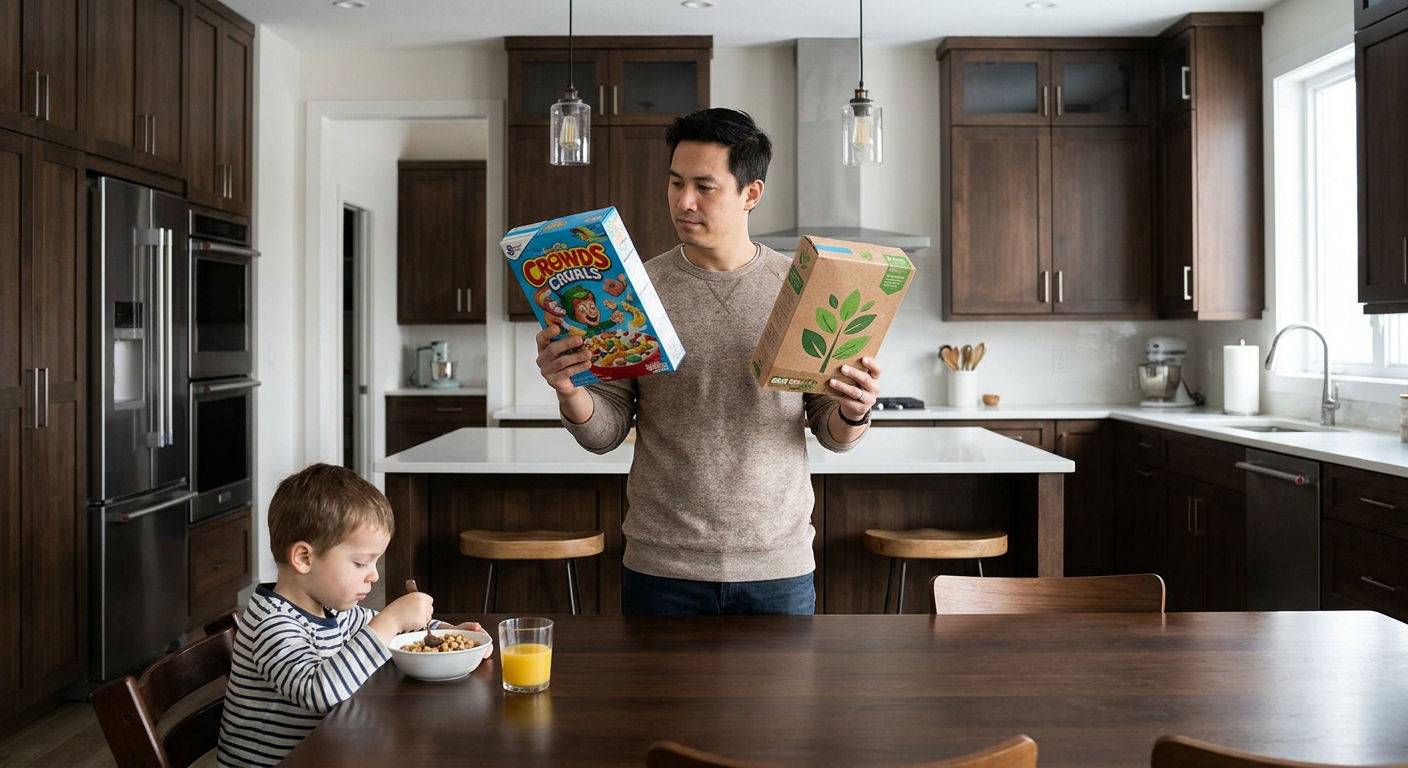 Parent choosing between two cereal boxes.
