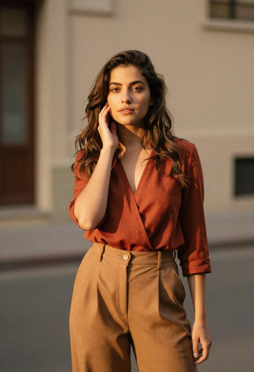 Terracotta wrap blouse and camel wide-leg trousers for a warmly grounded professional look