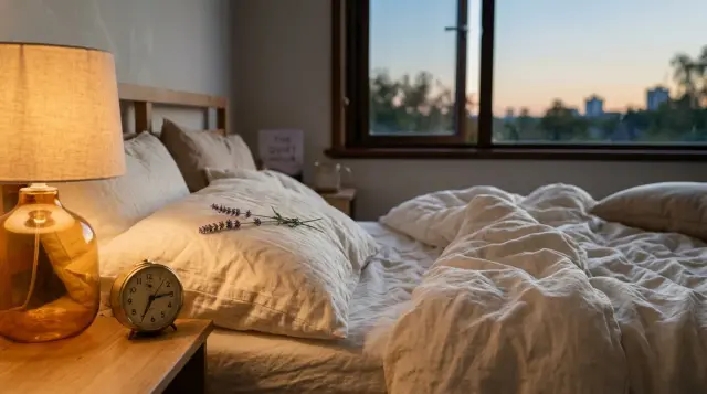 Serene bedside scene with linen pillow, amber lamp, and lavender sprig at dusk