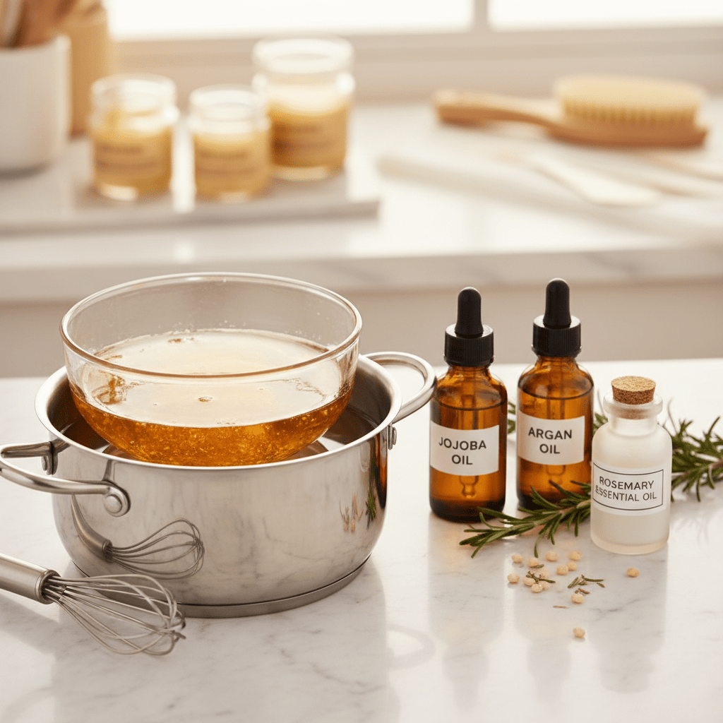 Beeswax pellets melting with carrier oils in a DIY hair pomade setup