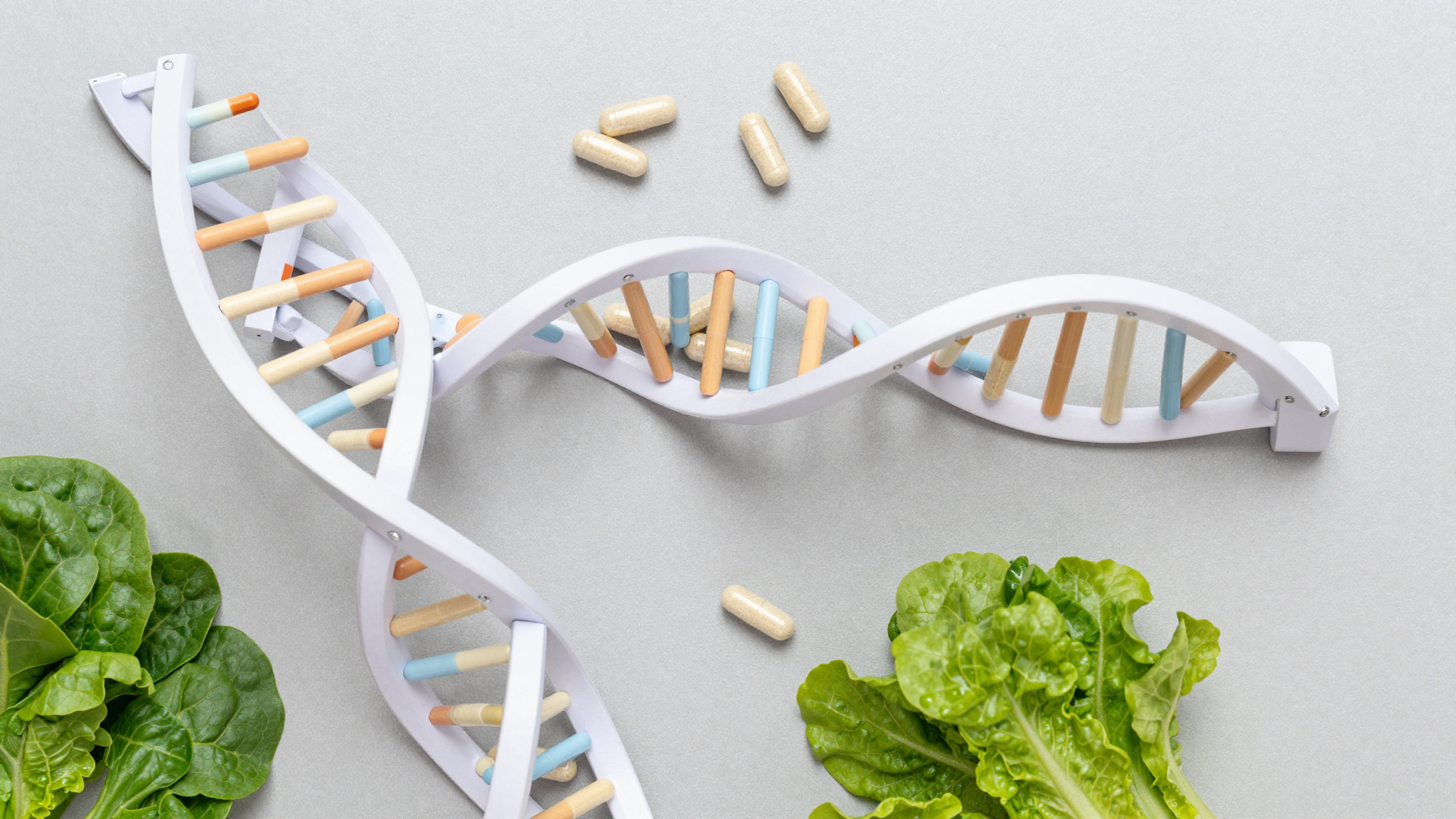 DNA 나선 모델과 영양제 캡슐, 신선한 채소가 놓인 상단 부감샷.