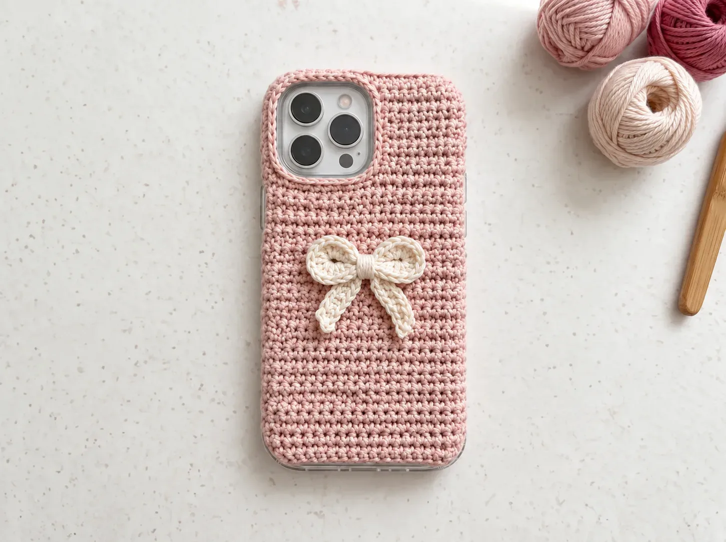 Coquette Bow Crochet Phone Case for iPhone finished crochet project