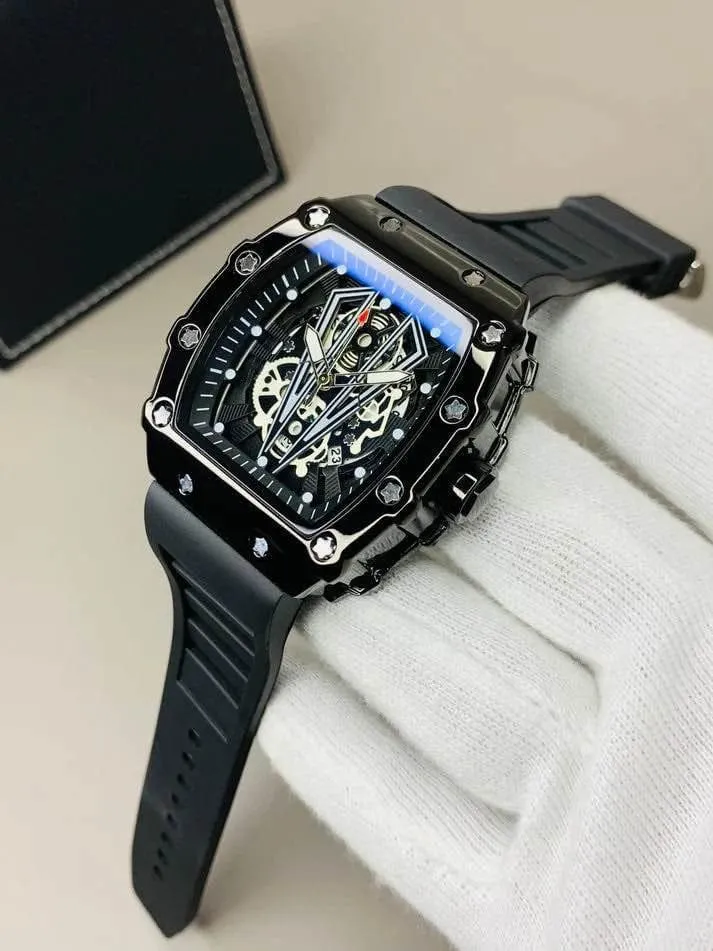 Richard Black Belt Skeleton Watch with Black Rubber Strap