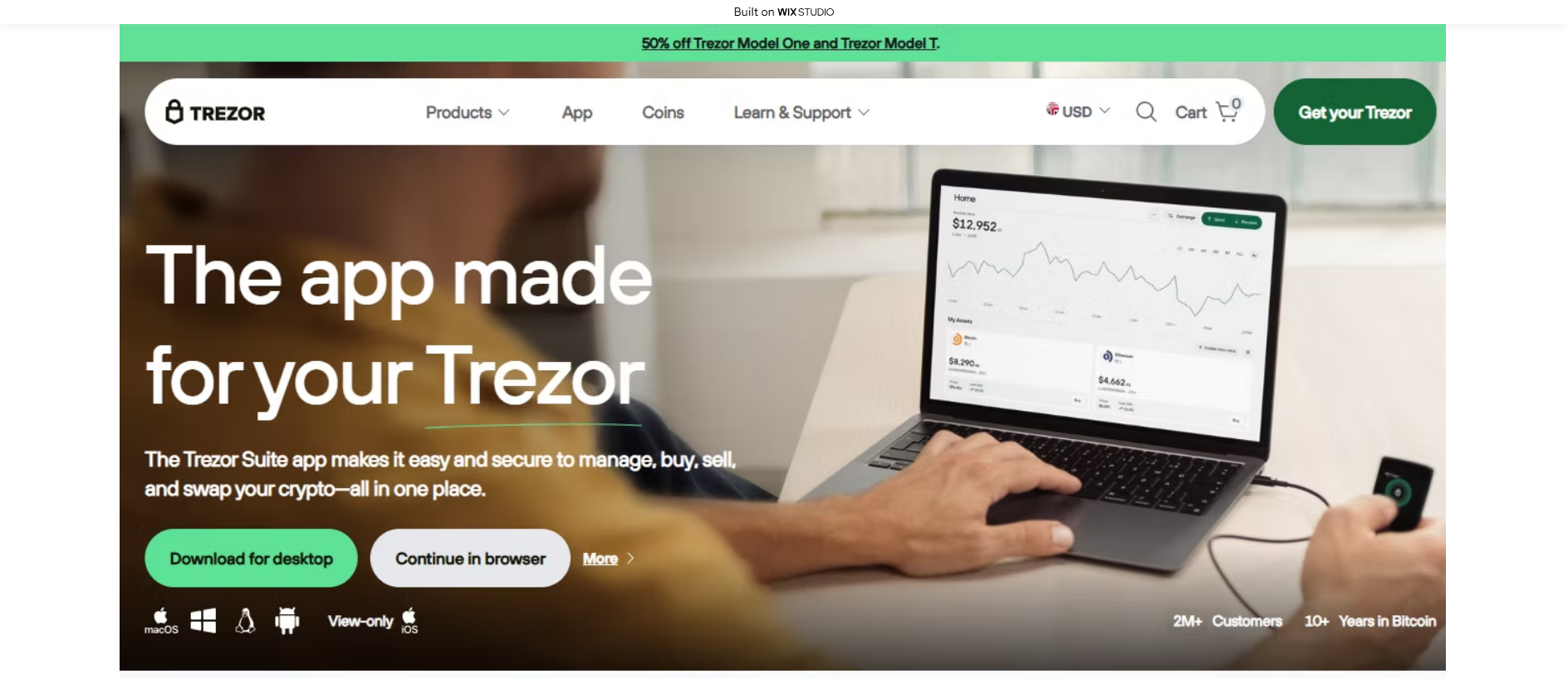 Forensic screenshot of suitesapps-trezro.wixstudio.com showing the phishing page layout