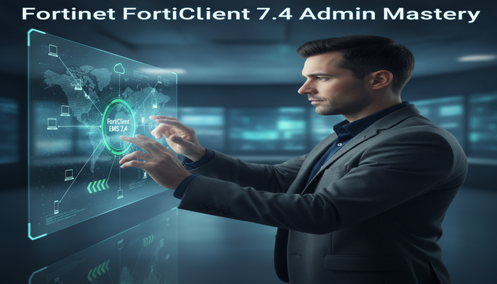 Fortinet FortiClient 7.4 Admin Mastery A skilled cybersecurity professional interacting with a holographic display that visualizes FortiClient EMS 7.4 managing endpoints within a complex SASE and Zero Trust architecture, highlighting the advanced expertise and strategic importance of the Fortinet FortiClient 7.4 admin certification (FCP_FCT_AD-7.4).