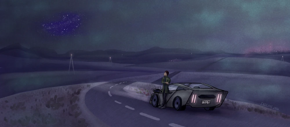 A digital drawing of Sam stading by the car on an empty night road surrounded by the hills. The sky is covered with glowing smog, there's an opening showing the stars.