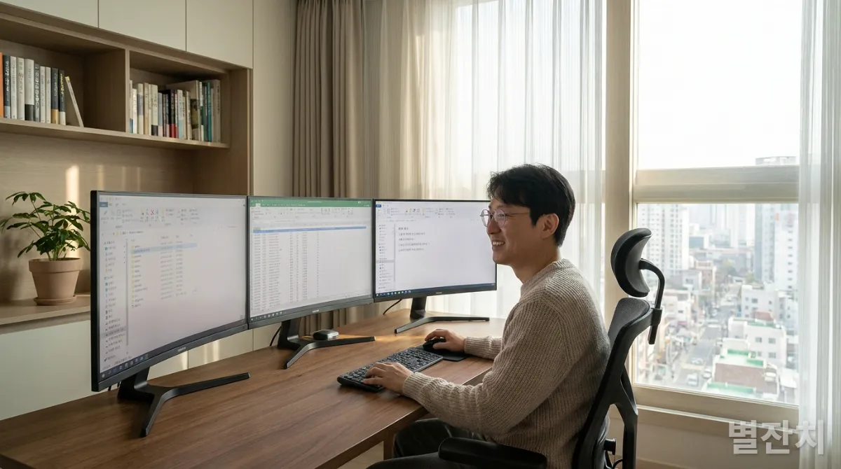 40대 한국인이 컴퓨터로 디지털 파일을 정리하는 모습, 깔끔한 홈 오피스 배경