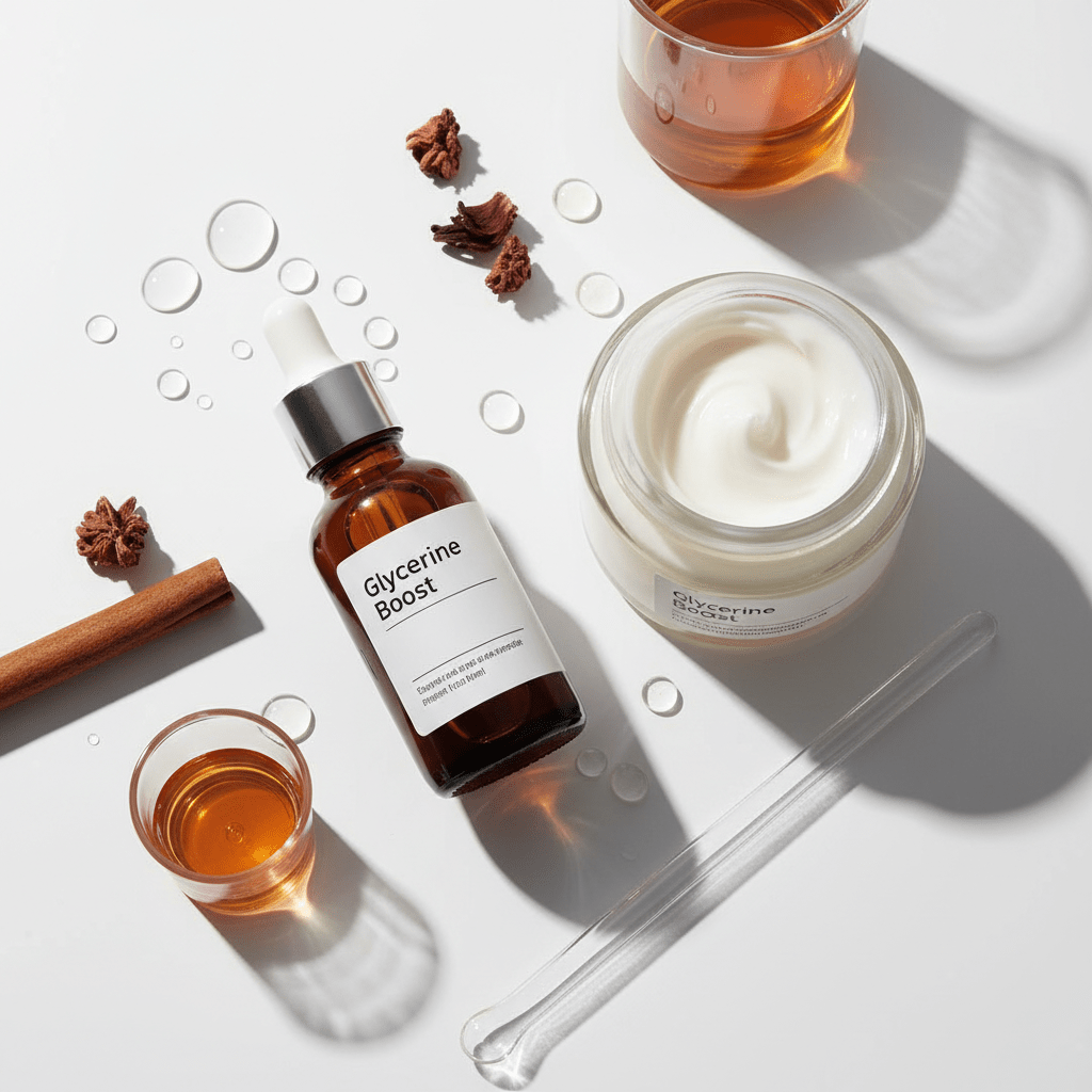 Photorealistic ingredient lab-style beauty flat lay with glycerine drops, serum bottle, and moisturizer jar