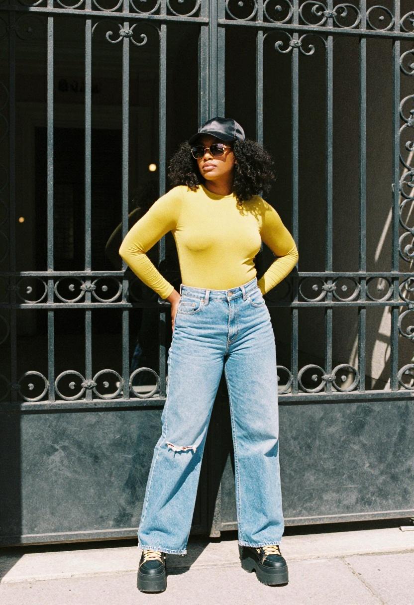 Mustard yellow bodysuit with wide-leg distressed jeans street style urban gate