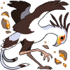 A white and brown secretary bird kicking at the ground while surrounded by an earth aura