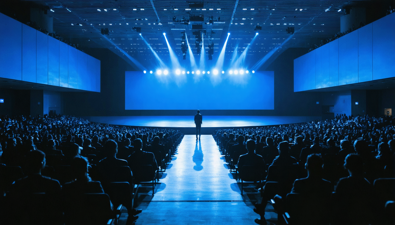 A vast corporate conference stage seen from far back in the audience, with a lone speaker under bright white lights, the audience in darkness.