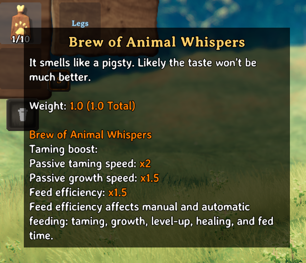 Brew of Animal Whispers taming boost tooltip