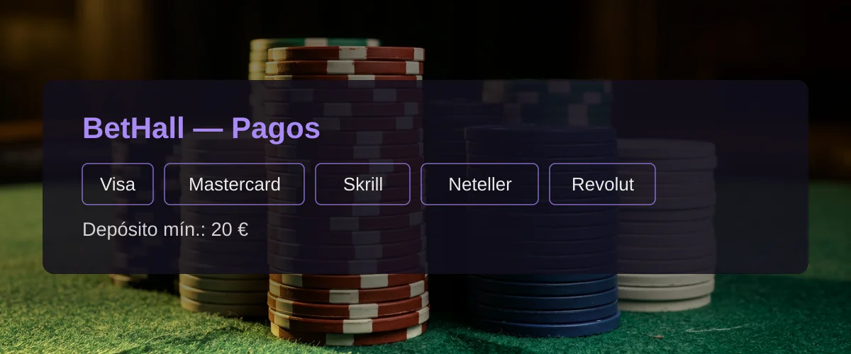 BetHall — Pagos: Visa, Mastercard, Skrill, Neteller, Revolut