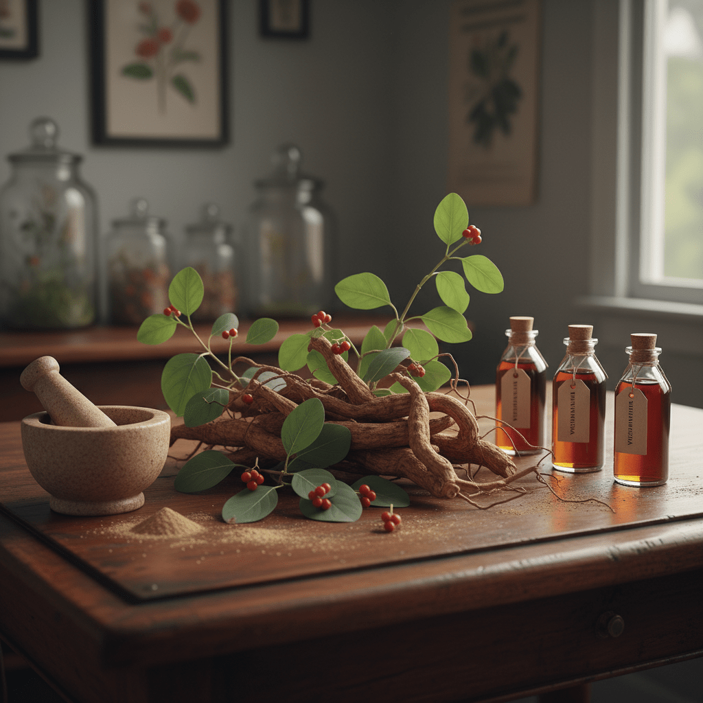 Ashwagandha plant roots and wellness bottles on wood