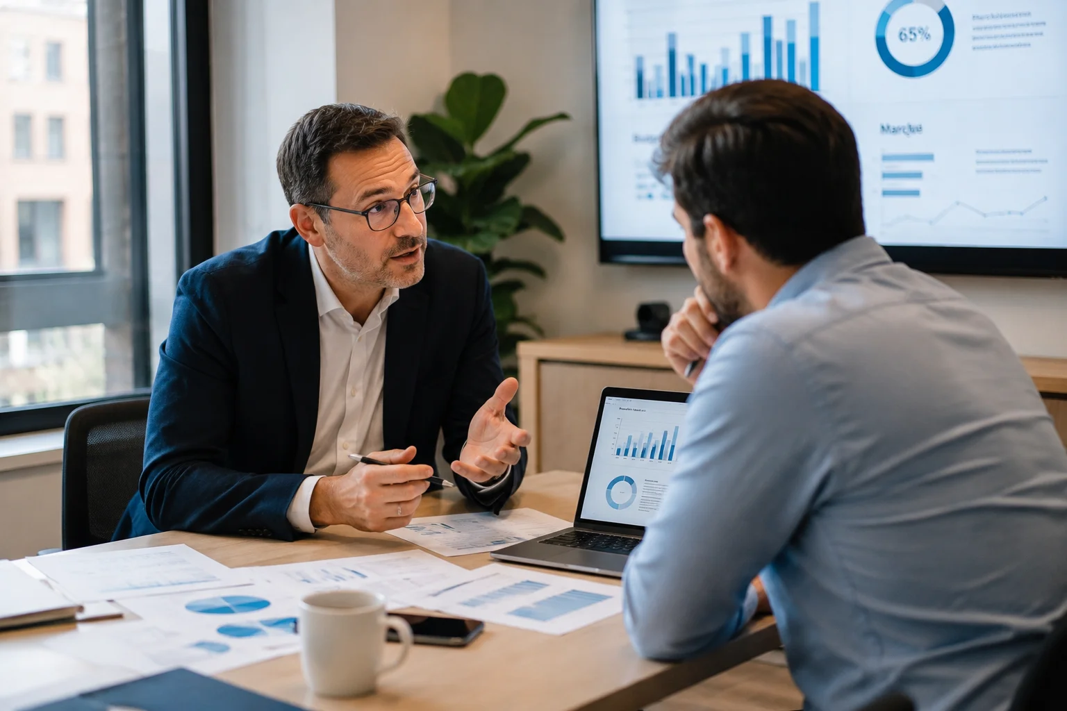 Consultant en entreprise présentant un plan d'action stratégique à des dirigeants lors d'une mission de conseil