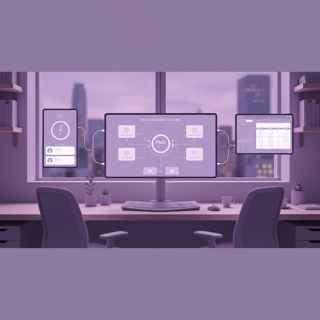 Connected hotel tech stack with PMS, time clock, and accounting software on screens