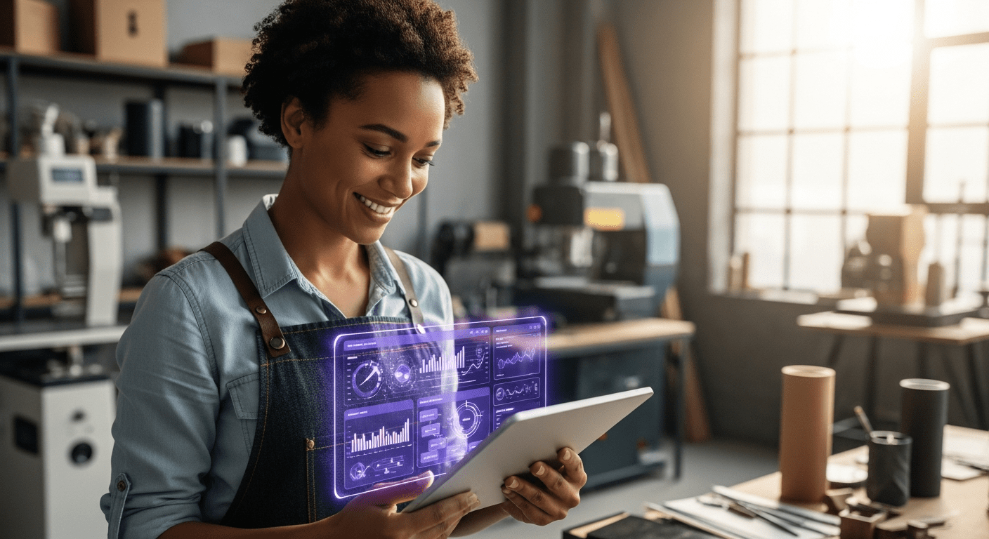A small business owner using a tablet with AI-powered analytics to manage their shop.