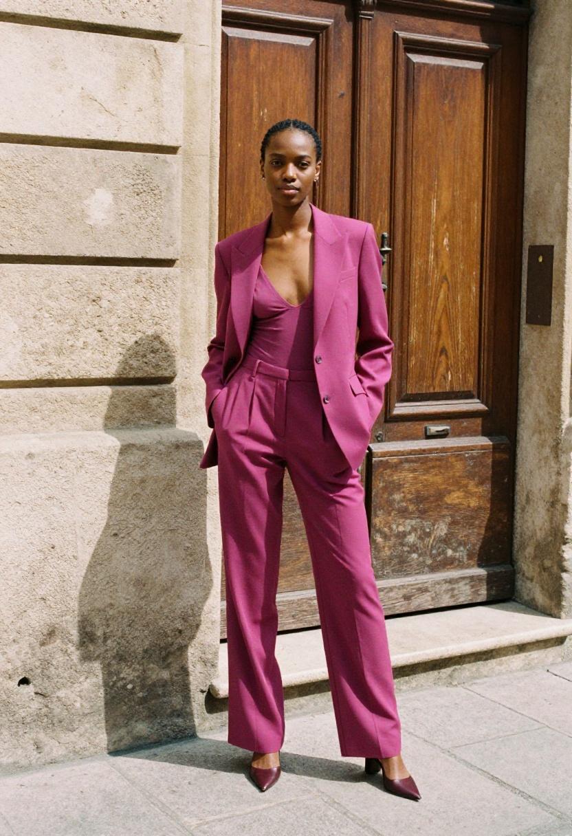 Magenta power suit with a fitted bodysuit bringing undeniable confidence to the city streets on a date night