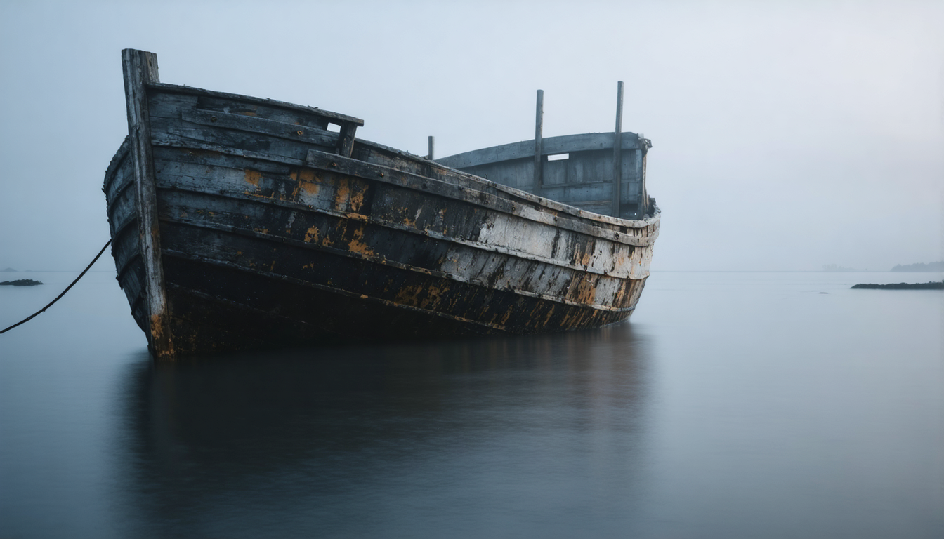 A weathered wooden ship hull half-submerged in calm grey water, seen from water level.