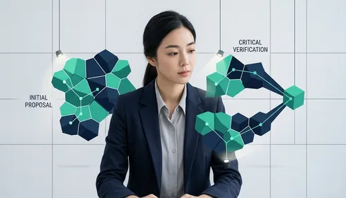 AI 프롬프트 작성법 중 자가 토론 프롬프팅의 제안과 검증 단계를 데이터 흐름으로 시각화하여 분석하는 연구원의 모습을 담은 기술적 스타일의 이미지