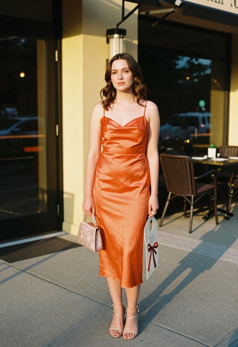 Radiant tangerine satin midi dress worn with a hand-lettered sign for a sunset promposal