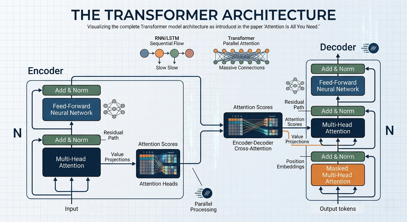 Transformer architecture diagram showing stacked encoder-decoder layers with multi-head attention, feed-forward networks and residual connections