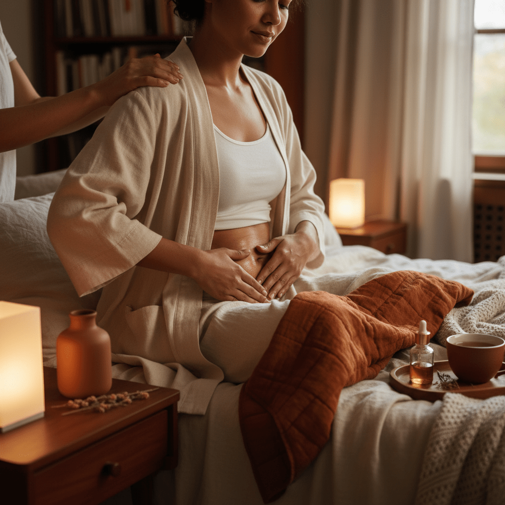 Woman applying warm herbal massage oil in a serene bedroom wellness setting